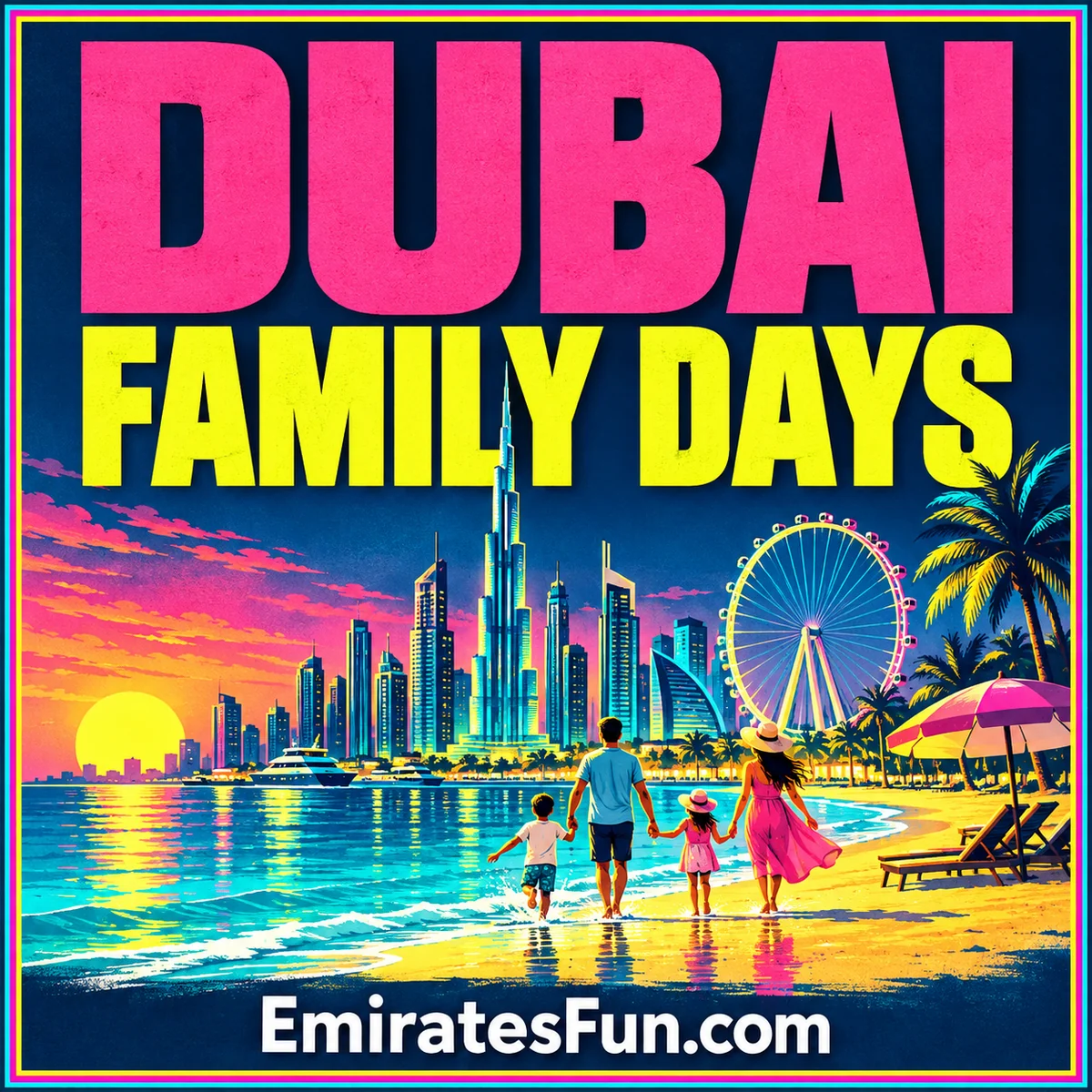 Dubai — Family Days: neon illustration of a family on a beach beside a Dubai-inspired skyline and observation wheel, branded EmiratesFun.com.